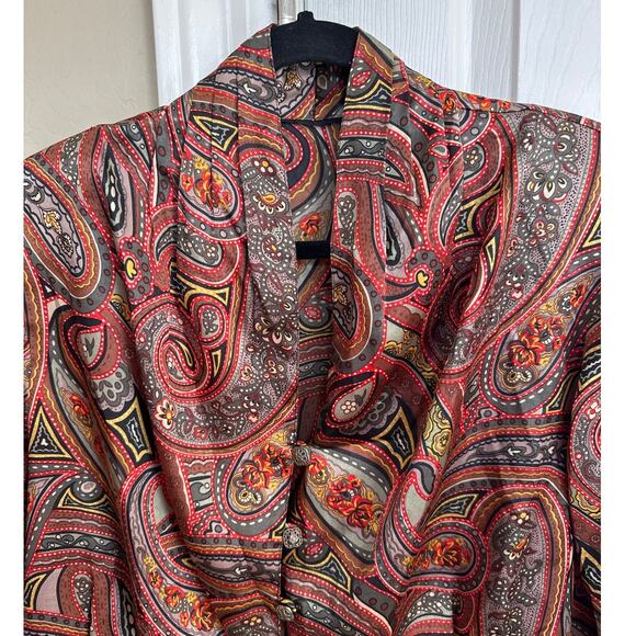 Vintage Paisley Print Button Up Blouse Women's Long Sleeve Silk Blend Top - Picture 3 of 6